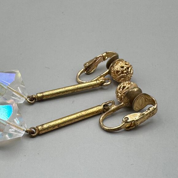 Vintage Gold Filigree Ball Aurora Borealis Crystal Drop Clip on Earrings - Picture 10 of 13